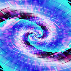 Abstract rotating spiral background with rays resembling expansion of the universe. Blue, pink, purple and white fractal background with 
beams