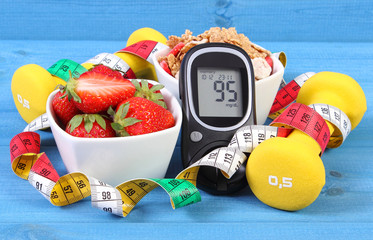 Glucometer with sugar level, healthy food, dumbbells and centimeter, diabetes, healthy and sporty...