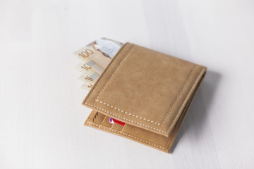 Canadian Dollars and credit cards in mustard coloured leather wallet