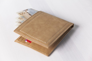 Canadian Dollars and credit cards in mustard coloured leather wallet