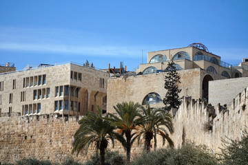 Jerusalem, modern buildings in the Jewish quarter seen behind the walls of the Old City