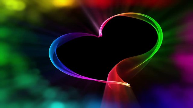 Vivid colorful heart ribbon forming a heart with rays of light and bokeh lights, the concept of love, abstract illustration, animation, 30fps, HD1080, seamless loop 