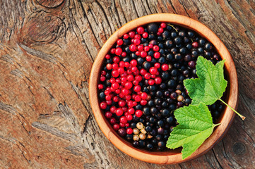 Sweet, black and red currant and green leaves in wooden bowl. Closeup. Selective focus.