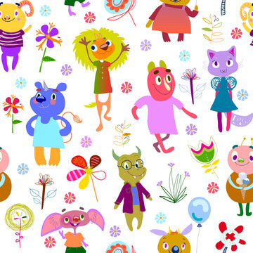 Jolly debonair monsters. Seamless pattern with funny fantastic characters and unusual flowers. Bright colorful background for children design. Summer collection. White backdrop. Vector illustration