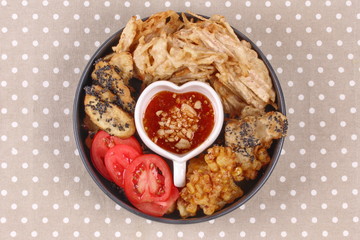 Deep fried dessert of corn ,taro ,nian gao and banana .