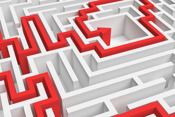 3d rendering of a white square maze in close up view with a red arrowed line showing the solution on white background.