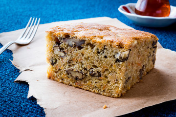 Carrot Cake with walnut, cinnamon and cup of tea.