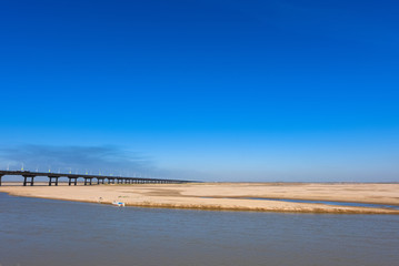 The Yellow river bridge with blue sky in Zhengzhou, Henan province, middle of China.It is a part of the old 107 national road.