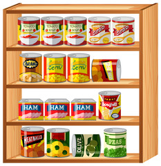 Many canned food on wooden shelves