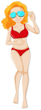 Beautiful woman in red bikini sunbathing