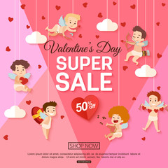 Valentines day sale banner with cupid for online shopping, special offer. Vector illustration.