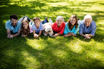 Family placing blanket in park