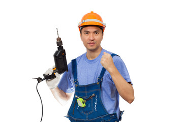 portrait of asian friendly & smiling handsome craftsman with electric drill, isolated on white. Home Improvement, Renovation Set and DIY concept