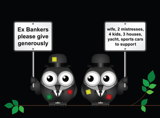 Comical threadbare poor bankers begging 