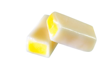 caramel fruity candies on white
