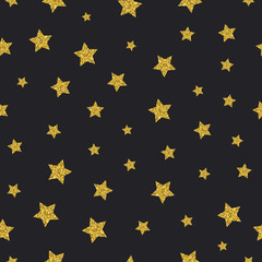 Vector gold glitter stars seamless pattern black background