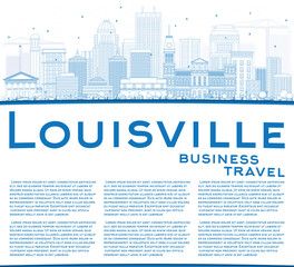 Outline Louisville Skyline with Blue Buildings and Copy Space.