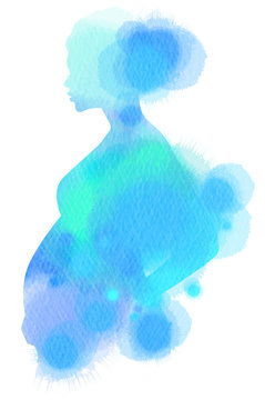 Pregnant woman silhouette plus abstract water color painted. Digital art painting.