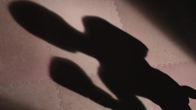 High angle view of shadow on the floor of ring of professional boxer throwing punches in training gloves