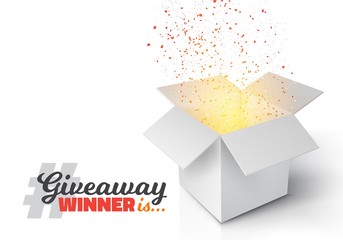 Illustration of Vector Grey Box with Magic Light Coming from Inside. Giveaway Competition Template. Open Box with Confetti Enter to Win Prize Concept