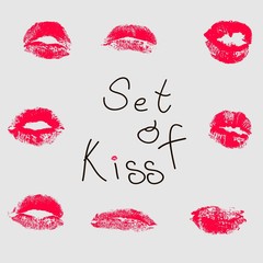 Collection of lips. The kiss prints on gray background