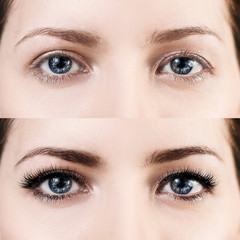 Female eyes before and after eyelash extension.