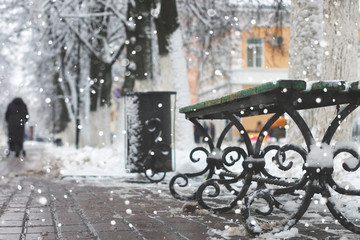 snow bench winter sidewalk