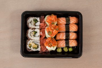 Set of assorted sushi kept in a black box