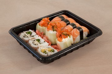 Set of assorted sushi kept in a black box