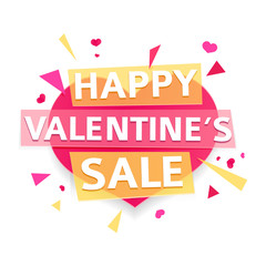 Fototapeta premium Design banner for Valentine's day offer. Modern symbol with geometric particles for happy Valentine's day sale. Pink heart with text for romantic promotion card and banner. Vector. 