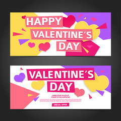 Template design horizontal banner for Valentine's day invitation. Geometric background with decor heart and particles for happy Valentine's day holiday. Place for text. Romantic card and flyer.