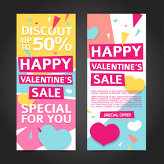 Template design vertical banner for Valentine's day  special offer. Geometric background with decor heart and particles for happy Valentine's day sale.  Romantic layout promotion  flyer. Vector.
