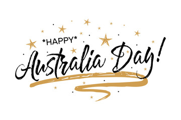 Happy Australia Day. Beautiful greeting scratched calligraphy black text word gold stars.Hand drawn invitation T-shirt print design. Handwritten modern brush lettering white background isolated vector