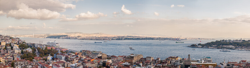 Sunset panoramic view from Galata tower to Golden Horn, Istanbul, Turkey.