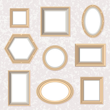 Vector set of flat style golden frames on the marble wall.