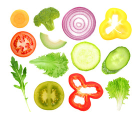 Vegetables slices on white background