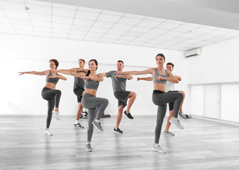 Fototapeta na wymiar Group of people doing exercises in gym