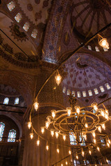 Lights inside Blue mosque, Istanbul, Turkey.