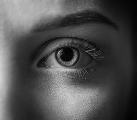 Obraz premium Macro shot of female human eye in black and white toned.