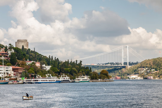 Cloudy view from pleasure boat to Bosphorus, Istanbul, Turkey.