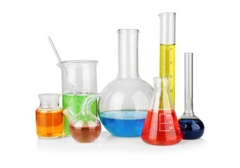 Chemical glassware with samples on white background