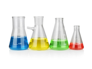 Chemical glassware with samples on white background