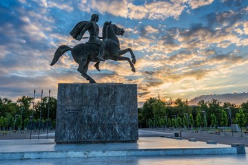 Statue of Alexander the Great at sunrise in Thessaloniki, Greece