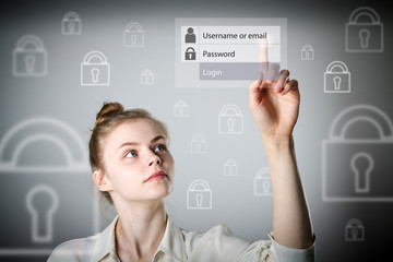 Girl pushing the button. Login and password