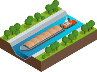 Naklejka premium Isometric Barge on a River. Very large ship. Containerized trade, liquid bulk and dry bulk shipping. International shipping.