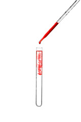 Pipette dropping a sample into a test tube on white background
