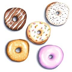 Fototapeta na wymiar Donuts set, isolated on white background. Delicious colorful food illustration. Can be used for gastronomic design.