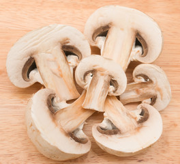 champignon mushrooms on a wooden background
