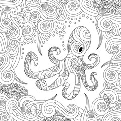 Coloring page with ornate octopus isolated on white background. - 136410634