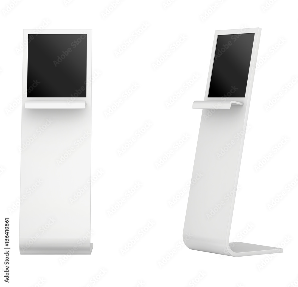 Poster information kiosk. interactive terminal on white background. 3d rendering.